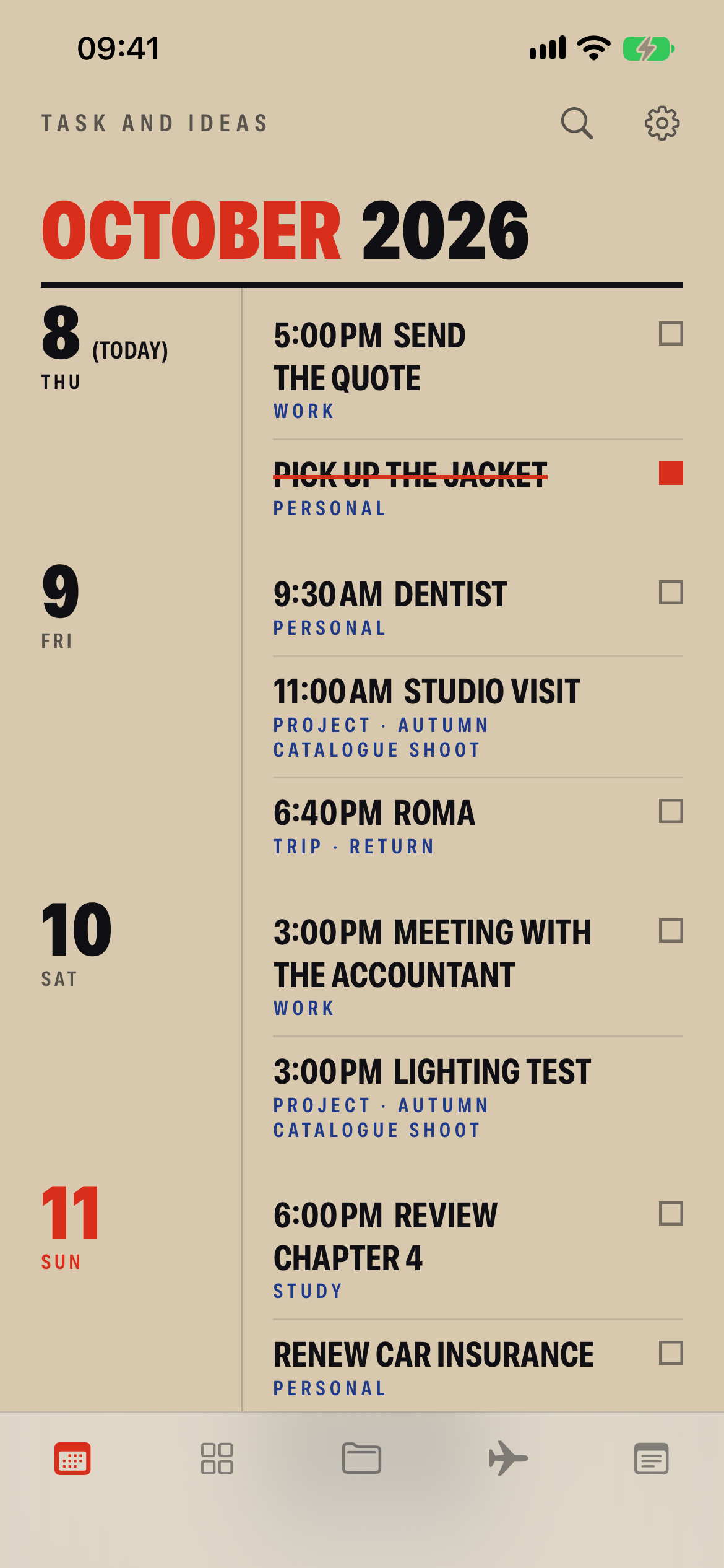 The Task and Ideas timeline